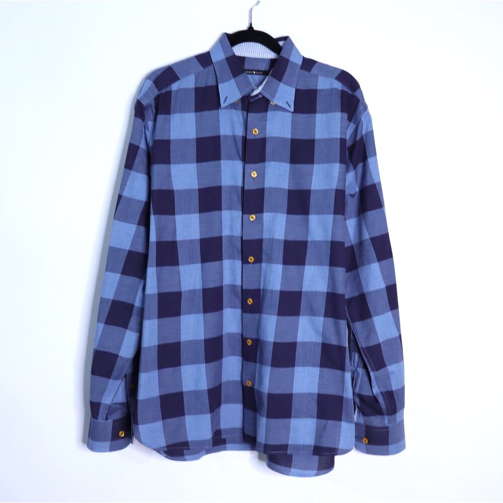 HAMMER MADE Buffalo Check Dress Shirt Blue Button Up Long Sleeve Men's XL/17.5